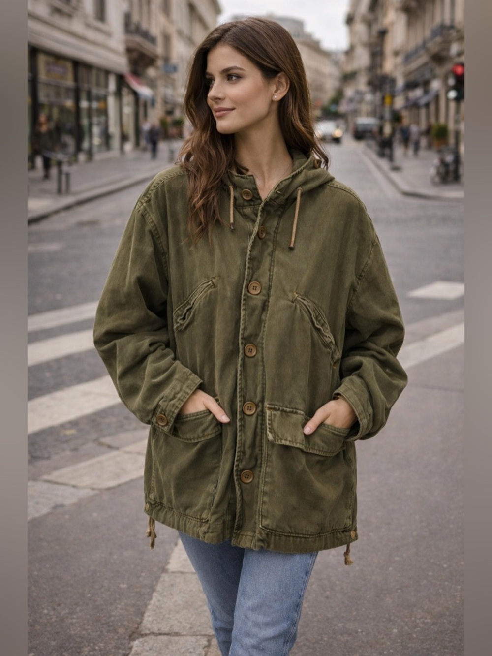 Free People Oversized Olive Hooded Utility Jacket Button Front Boho Casual | XS